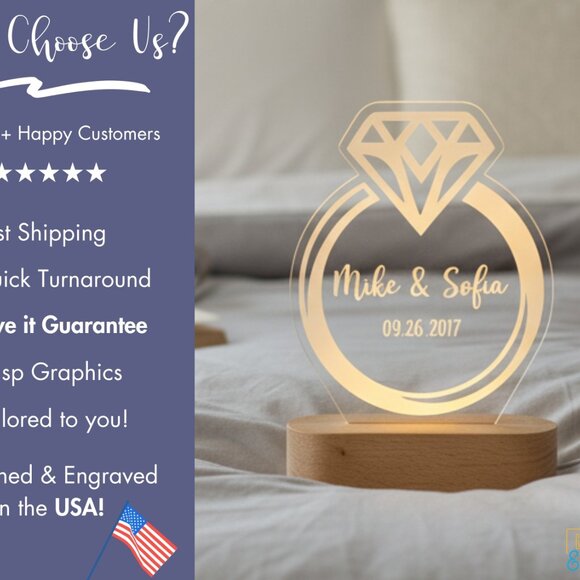 Couples Engagement Ring Night Light – Personalized LED Anniversary Lamp - Picture 4 of 8